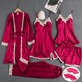 Kit Pijama Feminino Cetim de Seda Conjunto com 5 Peças + Mascara De Sono